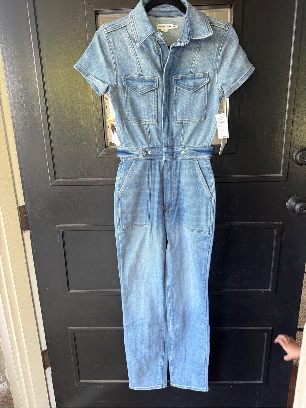 NWT Good American Light Blue Denim Short Sleeve Jumpsuit XS